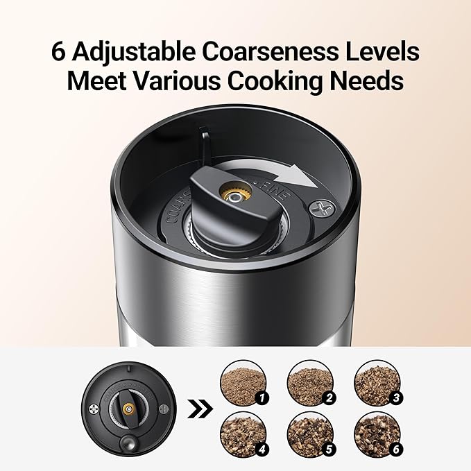 ThermoMaven Electric Salt and Pepper Grinder Set, 110ml Larger Rechargeable Automatic Salt and Pepper Mill Grinder with 6 Adjustable Coarseness, Electric Salt and Pepper Shakers, LED, Gun Grey - Image 5