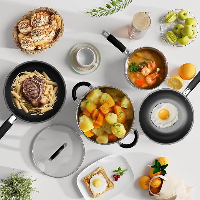 Pots and Pans Set Non Stick, 5 Ply Stainless Steel Cookware Set of 6, 2.8QT 6.5QT Pots 10” 11.5” Frying Pan, Compatible with Gas Induction Ceramic Stove, Dishwasher Safe