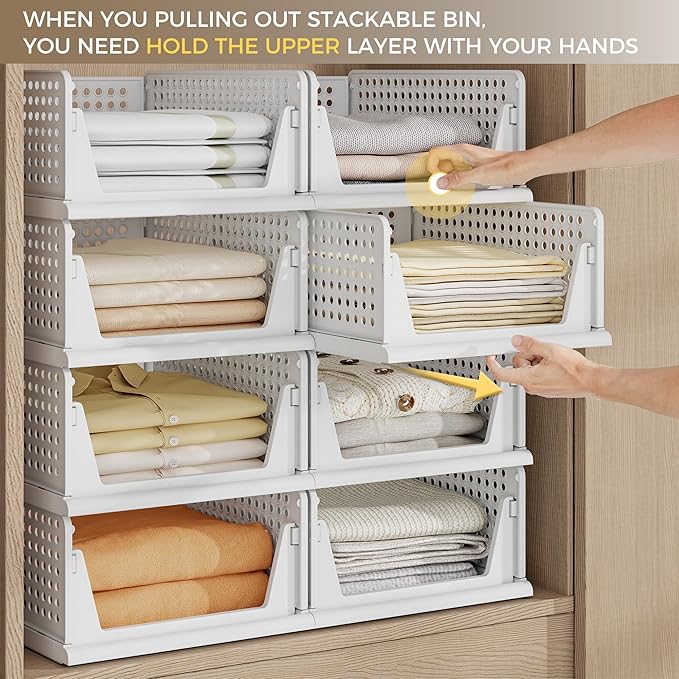 Pinkpum 8 Pack Closet Organizers and Storage Plastic Stackable Storage Bins, Foldable Drawer Shelf Storage Container for Wardrobe Kitchen Bathroom Dorm White - Image 3