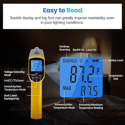 Etekcity Infrared Thermometer 1025D (Not for Human) Dual Laser Temperature Gun-58℉~1022℉ (-50℃~550℃) with Adjustable Emissivity, Non-Contact Voltage Tester (NCV), Standard Size, Yellow & Gray - Image 5