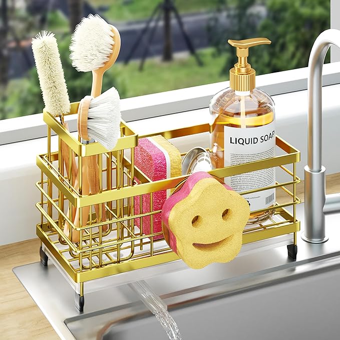 HapiRm Sink Caddy Sponge Holder - Self-draining Kitchen Sink Organizer with Smiley Face and Brush Holder, Stainless Steel Kitchen Organizer for Countertop - Gold by HapiRm