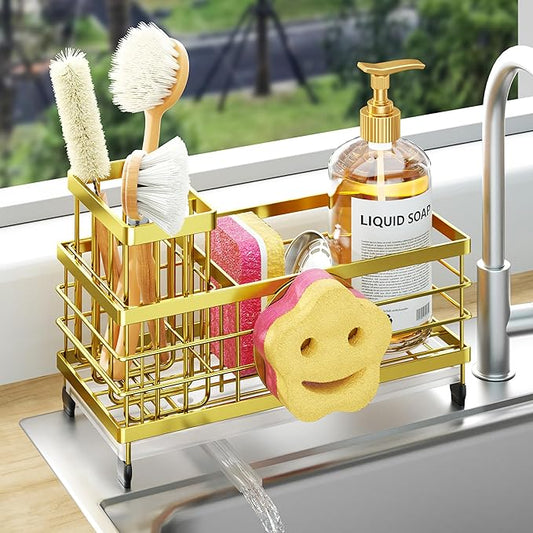 HapiRm Sink Caddy Sponge Holder - Self-draining Kitchen Sink Organizer with Smiley Face and Brush Holder, Stainless Steel Kitchen Organizer for Countertop - Gold by HapiRm