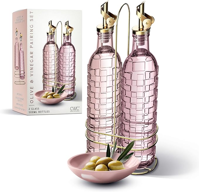 COOK WITH COLOR Glass Olive Oil Bottle Dispenser - 2 Pack- 17oz Oil and Vinegar Cruet - Olive Oil Carafe Decanter for Kitchen, Checkered, Pink by CookwithColor