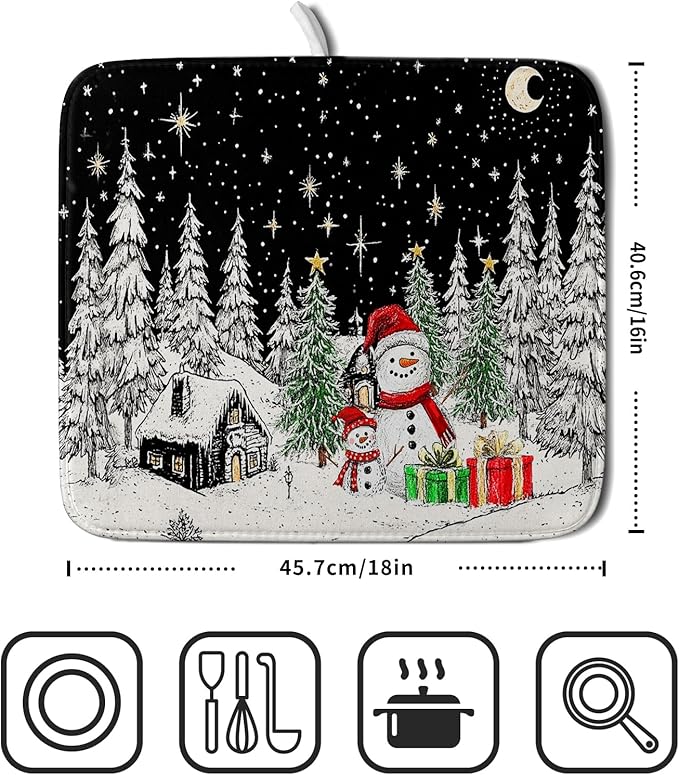 Winter Snowman Dish Drying Mat 18 X 16 in Black Microfiber Dish Pad Absorbent Holiday Kitchen Accessories - Image 2