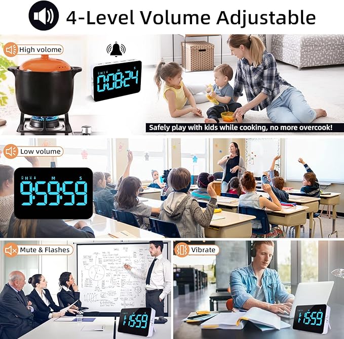 Rechargeable Digital Kitchen Timer for Cooking, Magnetic Timers with Countdown/up, Kids Timer with 5”LED Display 3 Brightness 4 Volume Adjustable for Classroom/Office/Home/Work/Fitness/Game（Blue） - Image 4