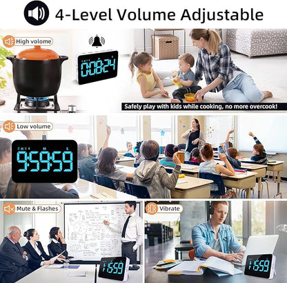 Rechargeable Digital Kitchen Timer for Cooking, Magnetic Timers with Countdown/up, Kids Timer with 5”LED Display 3 Brightness 4 Volume Adjustable for Classroom/Office/Home/Work/Fitness/Game（Blue） - Image 4