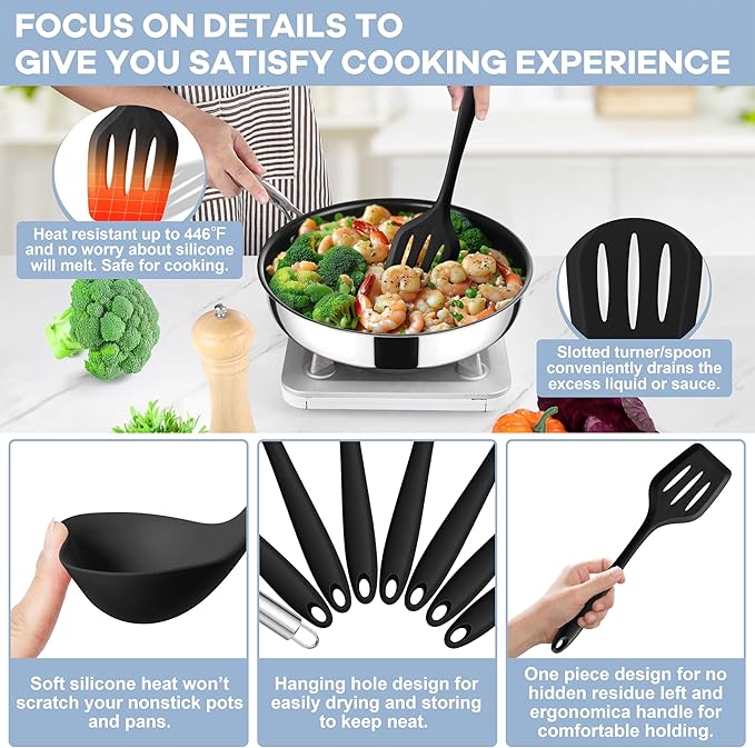 TeamFar 8 PCS Silicone Cooking Utensils - 446°F Heat Resistant Kitchen Silicon Utensils Set, Turner, Spatula, Spoon, Whisk, Kitchen Cooking Gadgets Tools for Nonstick Cookware, Dishwasher Safe-Black - Image 3