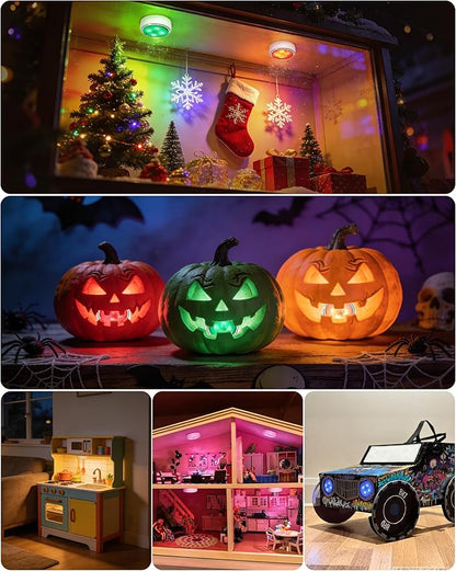 Cabinet Lights, Battery Operated LED Puck Lights with Remote Control & Timer, Warm White & RGB Multi Color Stick on Tap Push Light for Kitchen, Under Counter, Shelf, Display Case, 6 Pack, White