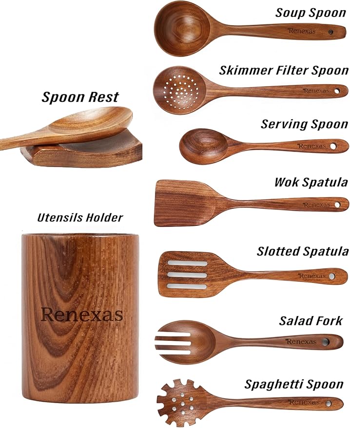 9-Piece Teak Wooden Kitchen Utensil Set – Nonstick Safe Cooking Spoons & Spatulas, Heat Resistant, Durable Natural Wood, Comfortable Grip Handles