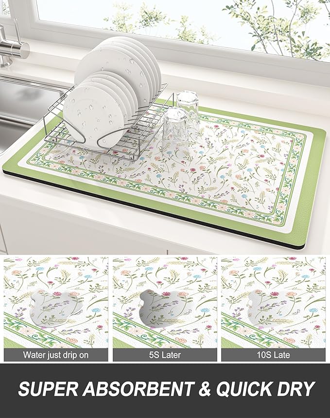 Rnivvi Dish Drying Mat for Kitchen Counter, 12 x 19" Cute Flower Theme Super Absorbent Draining Pad, Non-Slip Heat Resistant Coffee Bar Mat for Coffee Machine Station Accessories, Green Dish Rack Pad - Image 3