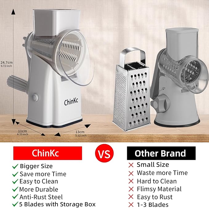 Upgrade Rotary Cheese Grater Shredder with Handle, Strong Suction Base, Multi-purpose Rotary Grater Slicer with 5 Interchangeable Blades for Ice, Vegetables, Fruit, Nuts with Blade Storage Box - Image 2