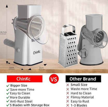 Upgrade Rotary Cheese Grater Shredder with Handle, Strong Suction Base, Multi-purpose Rotary Grater Slicer with 5 Interchangeable Blades for Ice, Vegetables, Fruit, Nuts with Blade Storage Box - Image 2