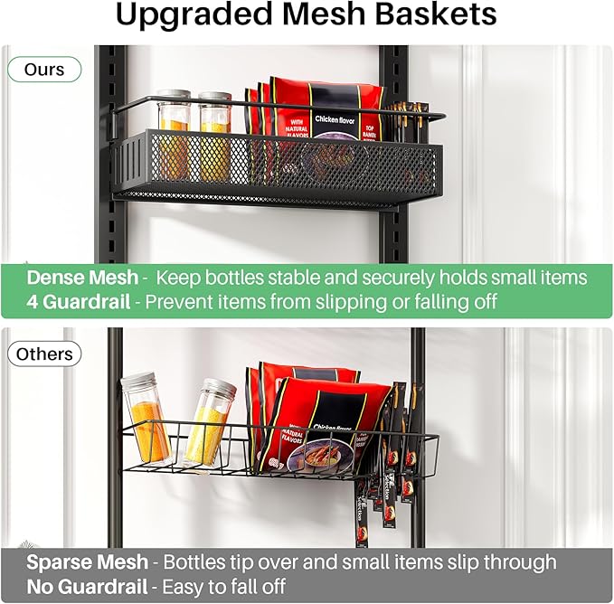8 Tiers Over the Door Organizer - Height Adjustable Pantry Organizers and Storage with Dense Mesh Baskets, Anti-Swing Hanging Door Spice Rack for Kitchen Bathroom (Black, 12.3"W x 4.7"D x 69"H) - Image 9