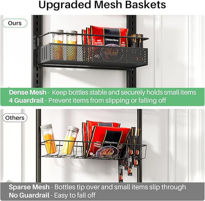 8 Tiers Over the Door Organizer - Height Adjustable Pantry Organizers and Storage with Dense Mesh Baskets, Anti-Swing Hanging Door Spice Rack for Kitchen Bathroom (Black, 12.3"W x 4.7"D x 69"H) - Image 9