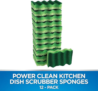 Dawn Power Clean Dual-Sided Scrubber Sponges for Dishwashing, Wave-Shaped Kitchen Sponges for Dish Cleaning, Pack of 12, Green