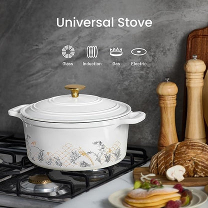 CAROTE 5QT Cast Iron Dutch Oven Pot with Lid, Enameled Floral Dutch Ovens with Gift Box, Cast Iron Pot for Sourdough Bread Baking, Braising, Stews, Roasting, Dual Handles, Healthy & Non-Toxic, All Stovetop Compatible, Oven Safe up to 500° F, White - Image 3