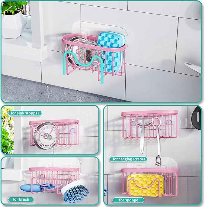 HapiRm Sponge Holder for Kitchen Sink - Sink Caddy with Unique M-Shaped, 2 Installation Methods Kitchen Organizer, Rustproof Stainless Steel Sponge Caddy - Pink - Image 2