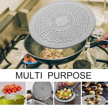 13” Silicone Splatter Screen Pan Cover with Folding Handle, Heat Insulation Cooling Mat, Strainer, Drain Board, Oil Splash Guard for Frying Pan
