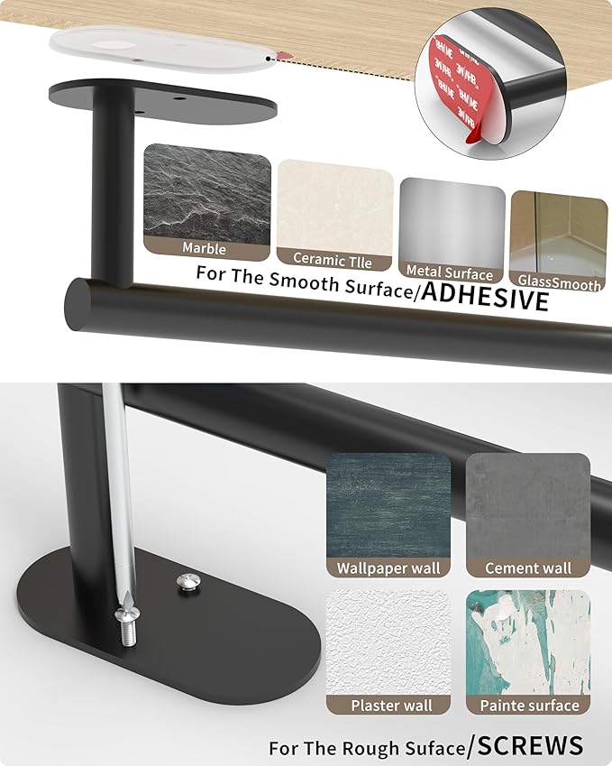 Paper Towel Holder Under Cabinet, Self Adhesive or Wall Mounted SUS304 Stainless Steel Paper Towel Holder for Kitchen, Bathroom(2 Towel Hooks, Matte Black) - Image 6