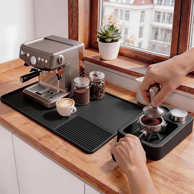 Silicone Coffee Mat and Espresso Tamping Mat, Detachable Espresso Coffee Bar Accessories, Coffee Bar Mat Suitable for Use Under coffee Maker, Dish Drying Mat for Kitchen Countertop Protector Mat,Black