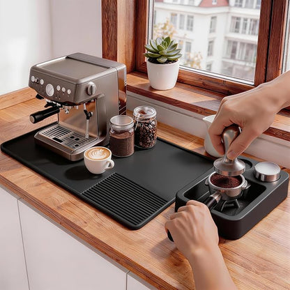 Silicone Coffee Mat and Espresso Tamping Mat, Detachable Espresso Coffee Bar Accessories, Coffee Bar Mat Suitable for Use Under coffee Maker, Dish Drying Mat for Kitchen Countertop Protector Mat,Black