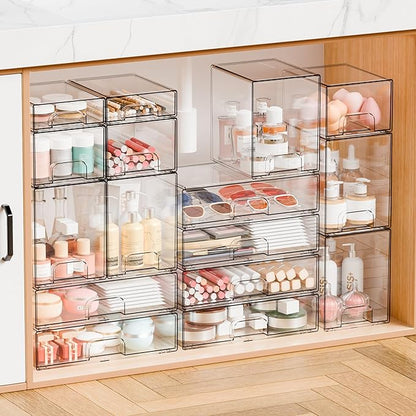 Yieach 8 Pack Small Clear Stackable Storage Drawers,2.2'' Tall Desk Organization and Storage,Plastic Office Supply Organizer,Acrylic Storage Containers for Makeup,Hair Clip,Accessory,Pen,Art Crafts