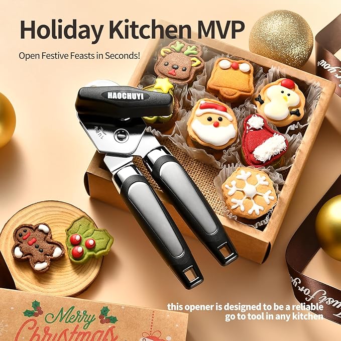 Heavy Duty Stainless Steel Smooth Edge Manual Can Opener and Bottle Openers, Soft Ergonomic Handle, Oversized Handheld Easy Turn Knob, Multifunctional Kitchen Tool, Black ﻿