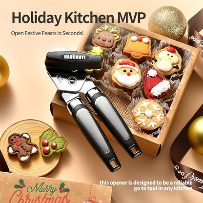 Heavy Duty Stainless Steel Smooth Edge Manual Can Opener and Bottle Openers, Soft Ergonomic Handle, Oversized Handheld Easy Turn Knob, Multifunctional Kitchen Tool, Black ﻿