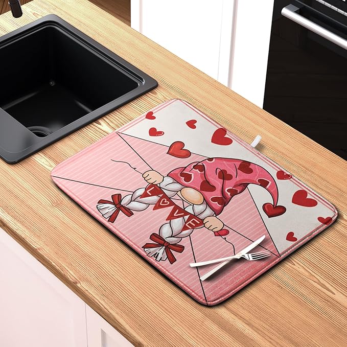 Valentine's Day Love Letter Dish Drying Mat for Kitchen Counter, Love Letter Gnome Absorbent Dish Pad Large Dish Drainer Mats for Countertop 16x18 Inch - Image 6