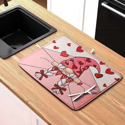 Valentine's Day Love Letter Dish Drying Mat for Kitchen Counter, Love Letter Gnome Absorbent Dish Pad Large Dish Drainer Mats for Countertop 16x18 Inch - Image 6