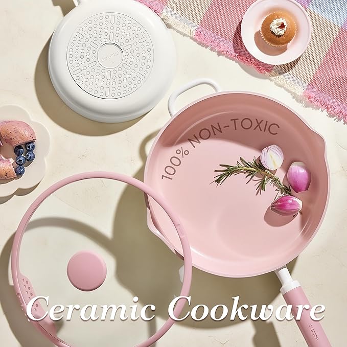 CAROTE 11 Inch Nonstick Deep Frying Pan with Lid, 5 Qt Chef Saute Pan with Pour Spout, Skillet Induction Cookware, Non Stick Cooking Pan Kitchen Pan, Healthy & PFOA/PFAS Free, Includes Spatula, Pink - Image 4