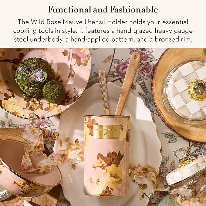 MACKENZIE-CHILDS Enamel Utensil Holder, Stylish Kitchen Countertop Organizer, Wild Rose Mauve - Image 2