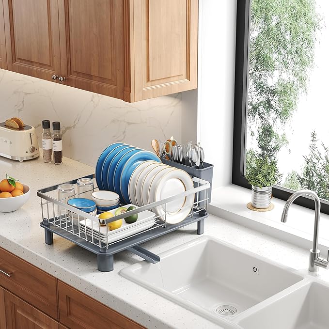 SNTD Dish Drying Rack - Small Dish Rack for Kitchen Counter, Stainless Steel Dish Drainer with Utensil Holder and Drainboard, 11" W x 15" L (Silver) - Image 9