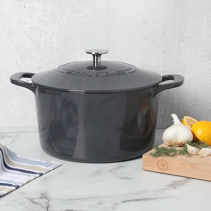 Martha Stewart Gatwick 7 QT Enamel Cast Iron Dutch Oven – Gray, Durable Heavy-Duty Dutch Oven for Slow Cooking, Braising, and Baking - Image 3