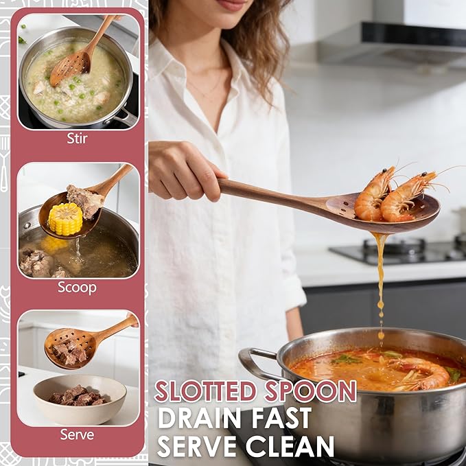 HOWHONG Slotted Spoon Wooden Cooking Utensil, Long Handle Acacia Wood Spoon for Cooking, Draining Spoon for Vegetables Pasta and Frying, Nonstick Cookware Safe, Bare Wood Feel for Daily Kitchen Use