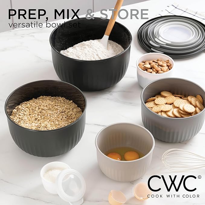 COOK WITH COLOR Prep Bowls with Lids- Wide and Deep Nesting Plastic Small Mixing Bowl Set with Lids, 12 Piece Set - Deep Bowls, Black/White - Image 2