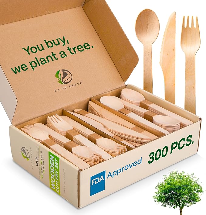 100% Compostable Cutlery Set - 300 Pieces Wooden Compostable Utensils [120 Forks, 90 Knives, 90 Spoons] - Disposable Wooden Cutlery, Eco Friendly Forks And Spoons Disposable Cutlery Set Party Utensils by GO+GO+GREEN