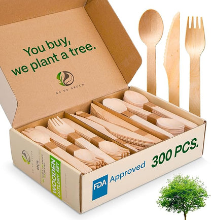 100% Compostable Cutlery Set - 300 Pieces Wooden Compostable Utensils [120 Forks, 90 Knives, 90 Spoons] - Disposable Wooden Cutlery, Eco Friendly Forks And Spoons Disposable Cutlery Set Party Utensils by GO+GO+GREEN