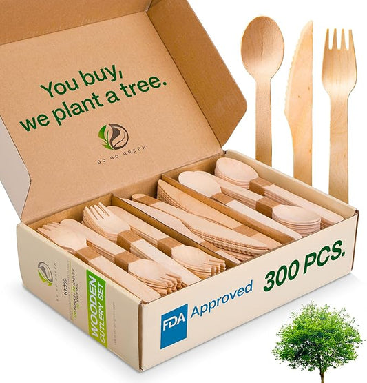 100% Compostable Cutlery Set - 300 Pieces Wooden Compostable Utensils [120 Forks, 90 Knives, 90 Spoons] - Disposable Wooden Cutlery, Eco Friendly Forks And Spoons Disposable Cutlery Set Party Utensils by GO+GO+GREEN