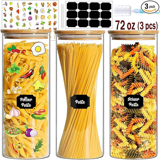 BGraceyy Glass Jars with Bamboo Lids, 72oz 3Pcs Kitchen Glass Containers with Bamboo Lids, Airtight Glass Pantry Storage Containers with Lids for Spaghetti, Pasta, Rice, Nuts, Flour, Bean, Dry Foods by BGraceyyMoments