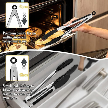 TeamFar Kitchen Tongs, 9" and 12" Stainless Steel Cooking Tongs with Silicone Tips for Cooking Grilling Serving & BBQ, Heat Resistant Silicone Tongs, Locking Design & Dishwasher Safe, Set of 2 & Black - Image 6