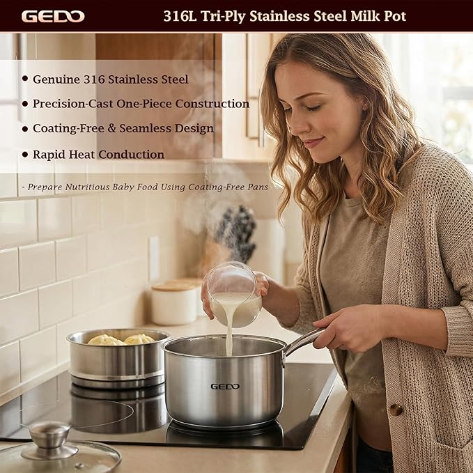 GEDO Food-Grade 316L Stainless Steel Sauce Pan with Glass Lid, 3-Ply Integrated Body Uncoated Cooking Pot, Universal for Induction Gas Ceramic Stovetops, Multi-Purpose Kitchen Cookware (2, Quarts) - Image 2