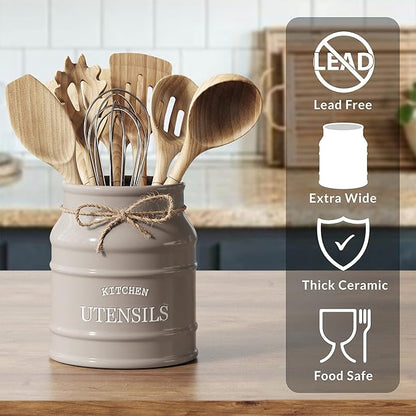 Barnyard Designs Ceramic Farmhouse Utensil Holder for Kitchen Counter, Large Rustic Utensil Crock, Countertop Cooking Tool Spatula Organizer, 6.75” (Taupe) - Image 3