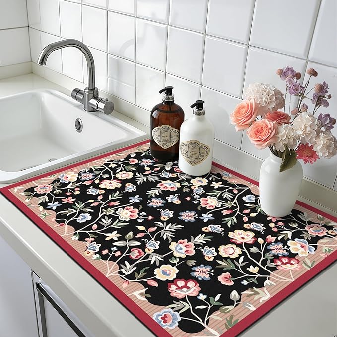 LOKHOM Floral Dish Drying Mat, 18"x24" Super Absorbent Non-slip Bordered Coffee Mat with Oil Painting Black Floral, Cuttable Hide Stain Drying Mat for Kitchen Counter Coffee Maker Espresso Machine - Image 9