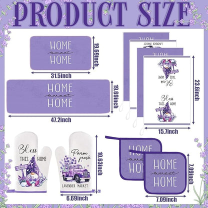 Fourluoo 10 Pcs Lavender Kitchen Decor Set Lavender Kitchen Towels Rugs Oven Mitts and Pot Holders for Cooking Baking Grilling Women Mom Gift