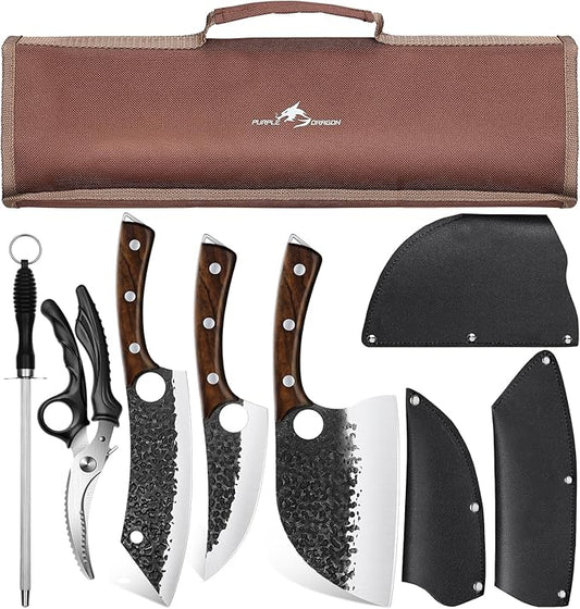 Purple Dragon Butcher Knife Set - 9 Pcs Chef Knife Set - Hand Forged Serbian Chef Knives Meat Cleaver Boning Viking Knives Kitchen Knives with Roll Bag Christmas Gift for Men and Women