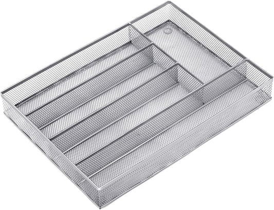 Neudeco Silverware Drawer Organizer - 5 Compartment Cutlery Tray with Non-Slip Feet, Mesh Wire Flatware Storage Divider for Kitchen, Bedroom, Living Room (Silver)