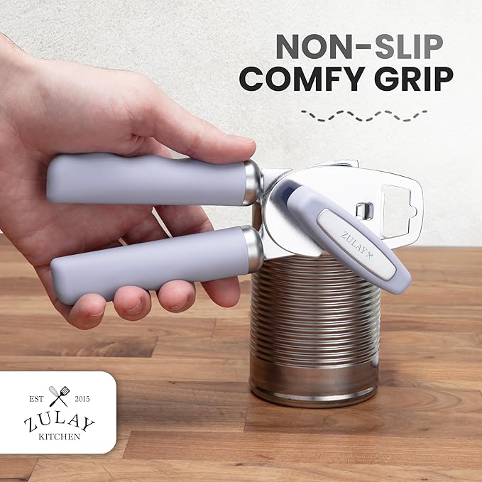 Zulay Kitchen Heavy Duty Stainless Steel Can Opener Manual with Bottle Opener - Rust Proof Manual Can Opener With Turn Knob & Comfy Soft Grip Handles - Light Lilac - Image 5