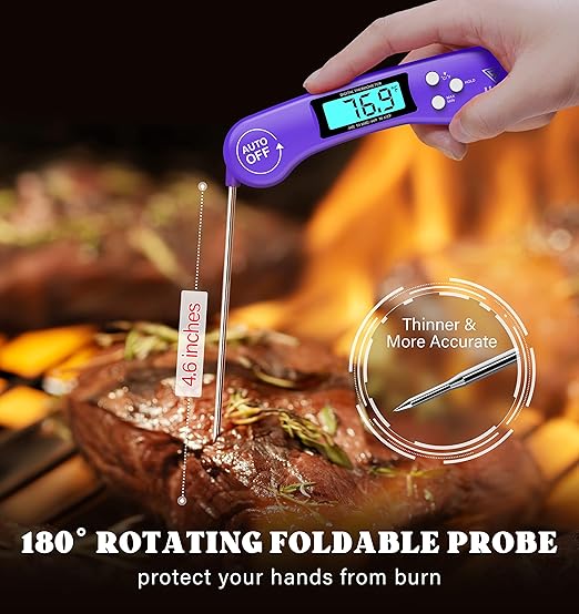 DOQAUS Digital Meat Thermometer, Instant Read Food Thermometer for Cooking with Backlit & Auto-Rotating Display, 4.6” Probe for Grilling, Baking, and Perfect BBQ - Purple - Image 3