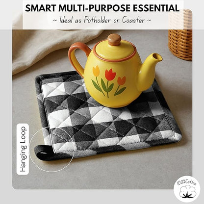 Native Fab Buffalo Plaid Check Oven Mitts and Pot Holders Set of 4, 100% Cotton Heat Resistant Kitchen Gloves, 2 Oven Mitts (7x13), 2 Pot Holders (8x8) for Cooking & Baking, Black White - Image 8